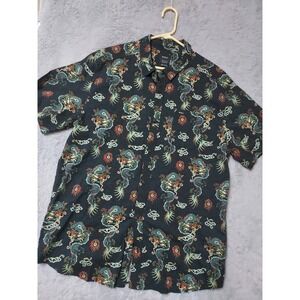 Rvca Shirt Mens 2XL XXL Japanese Dragon Graphic Print Viscose Blend Beach Black